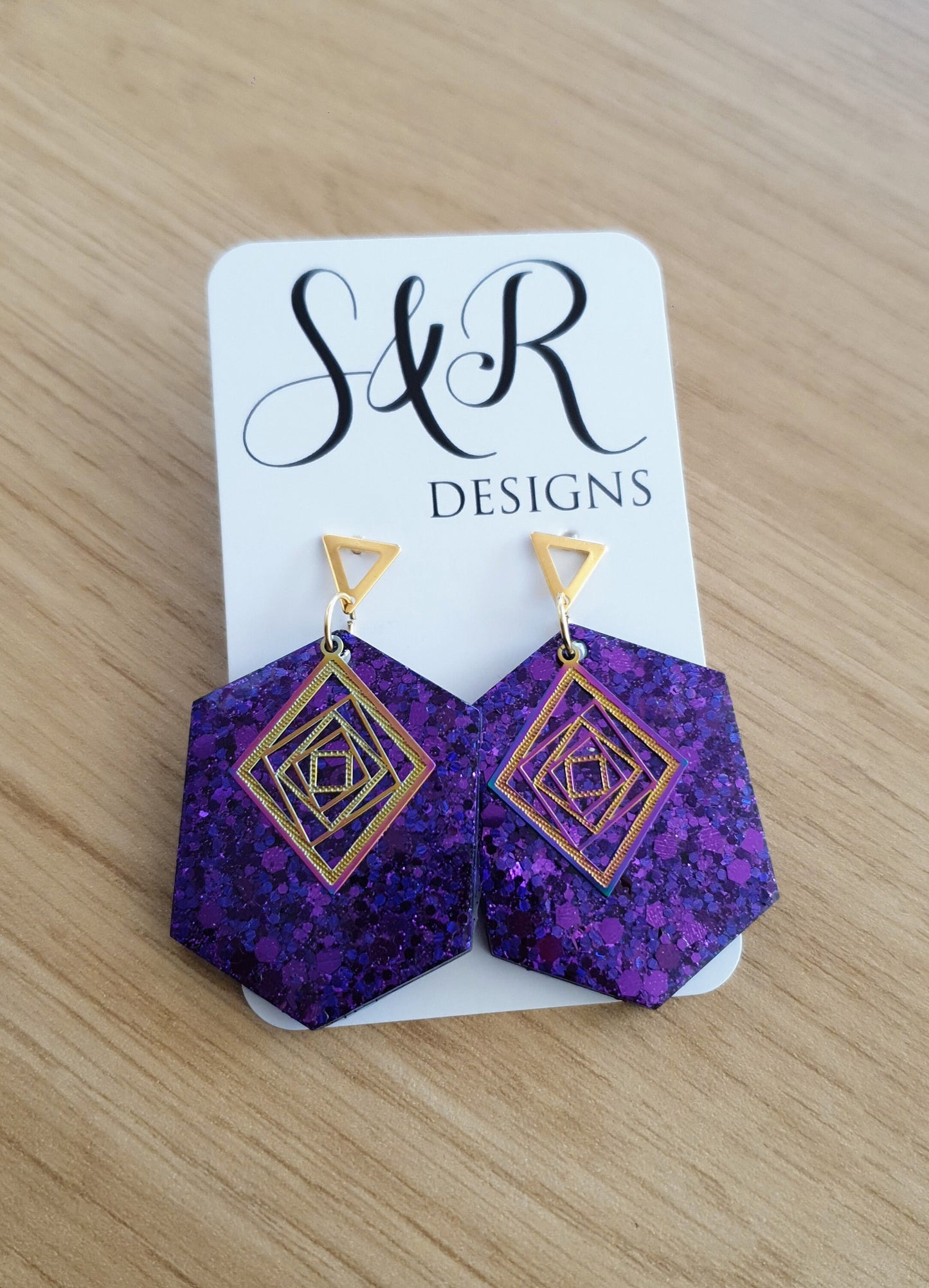 Purple Hexagon with Gold Triangle Dangle Drop Earrings, Resin Handmade with Gold Stainless Steel Stud Earrings, Statement Earrings, Gift