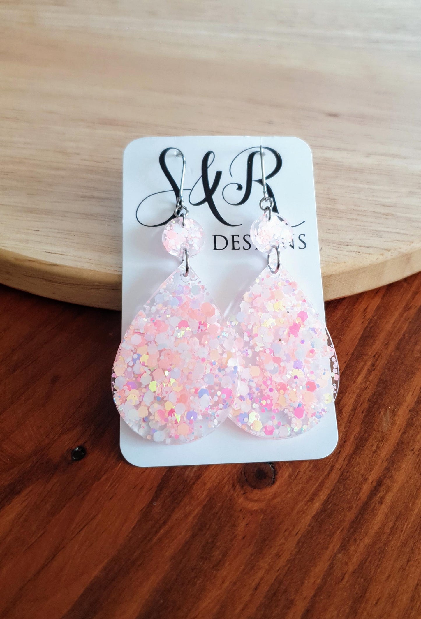 Teardrops Peach Pink Glitter Earrings, Very Light Peach Pink with Holographic Glitter Resin, Stainless Steel, Statement Earrings