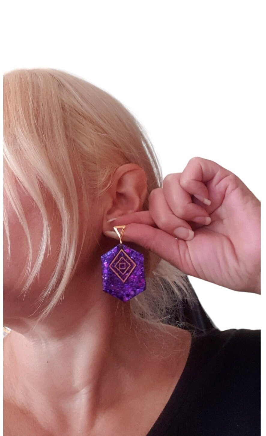 Purple Hexagon with Gold Triangle Dangle Drop Earrings, Resin Handmade with Gold Stainless Steel Stud Earrings, Statement Earrings, Gift