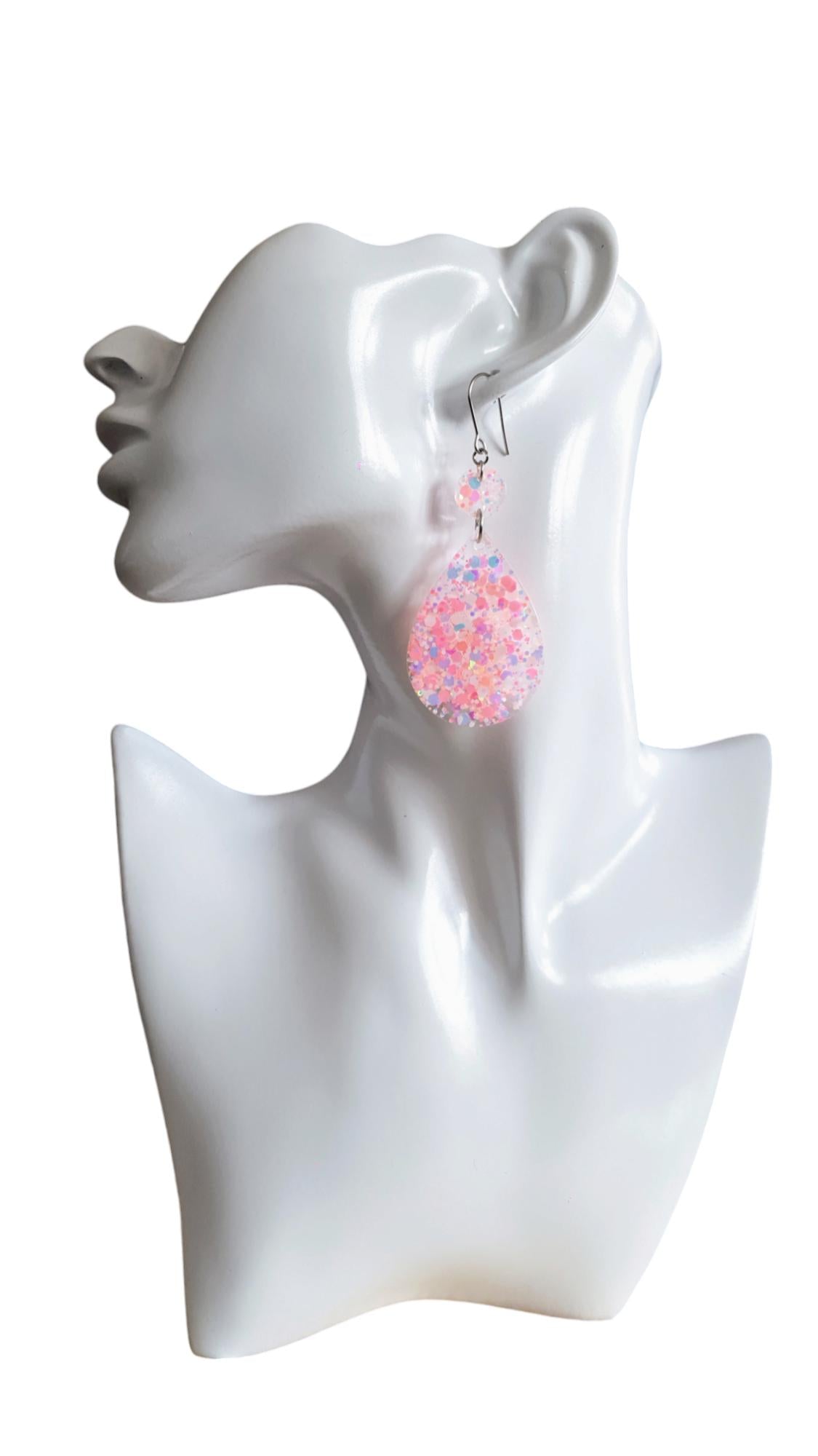 Teardrops Peach Pink Glitter Earrings, Very Light Peach Pink with Holographic Glitter Resin, Stainless Steel, Statement Earrings