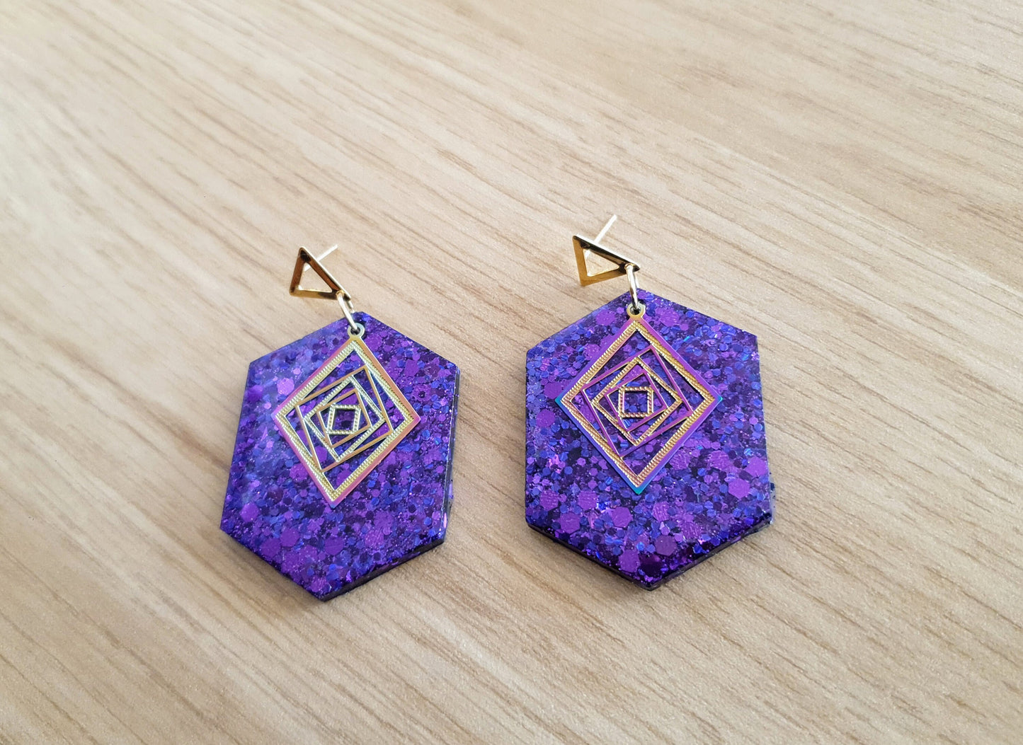 Purple Hexagon with Gold Triangle Dangle Drop Earrings, Resin Handmade with Gold Stainless Steel Stud Earrings, Statement Earrings, Gift