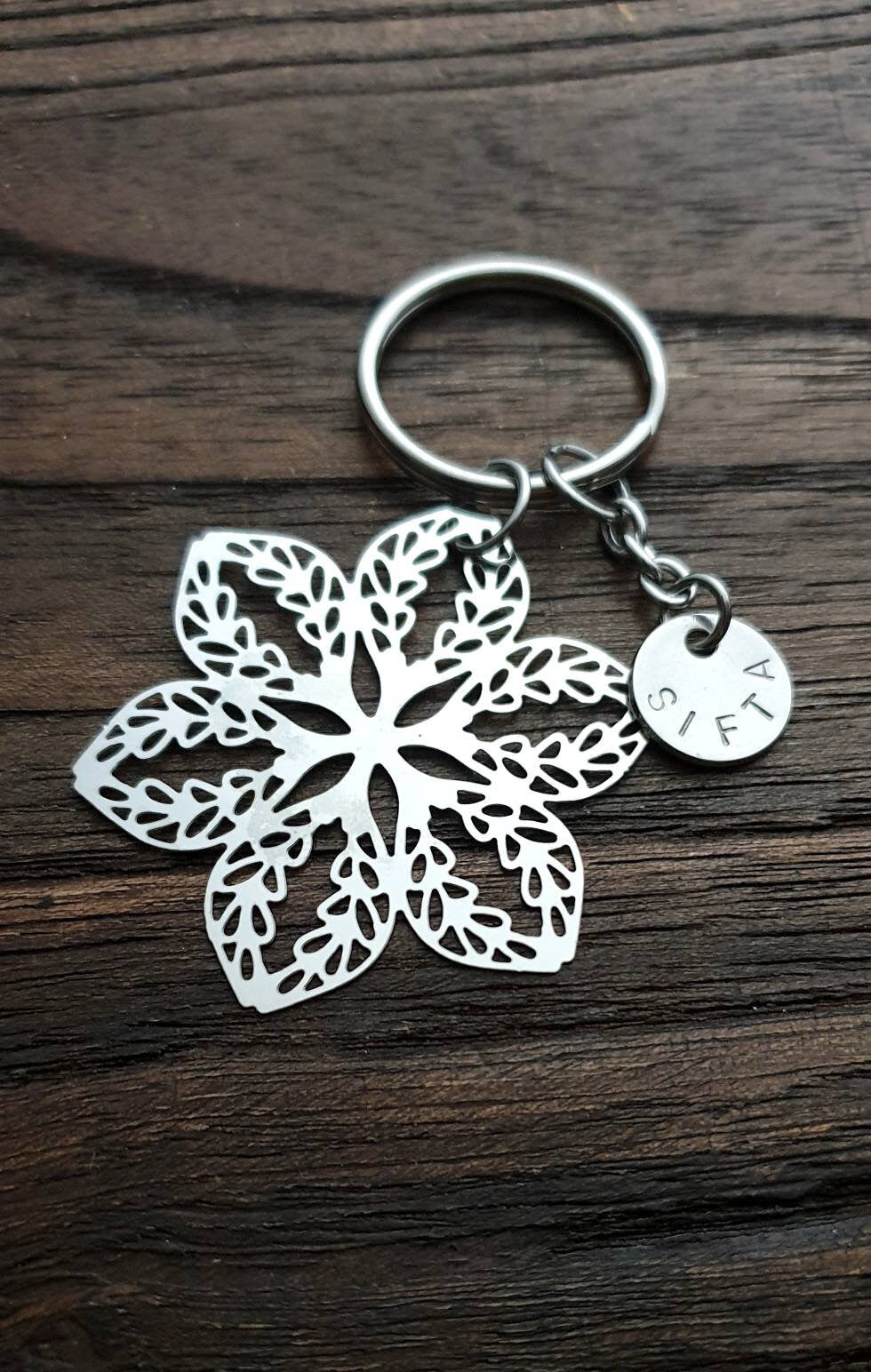 Flower Keyring, Filigree Personalised Hand Stamped Key Ring Stainless Steel, Gift