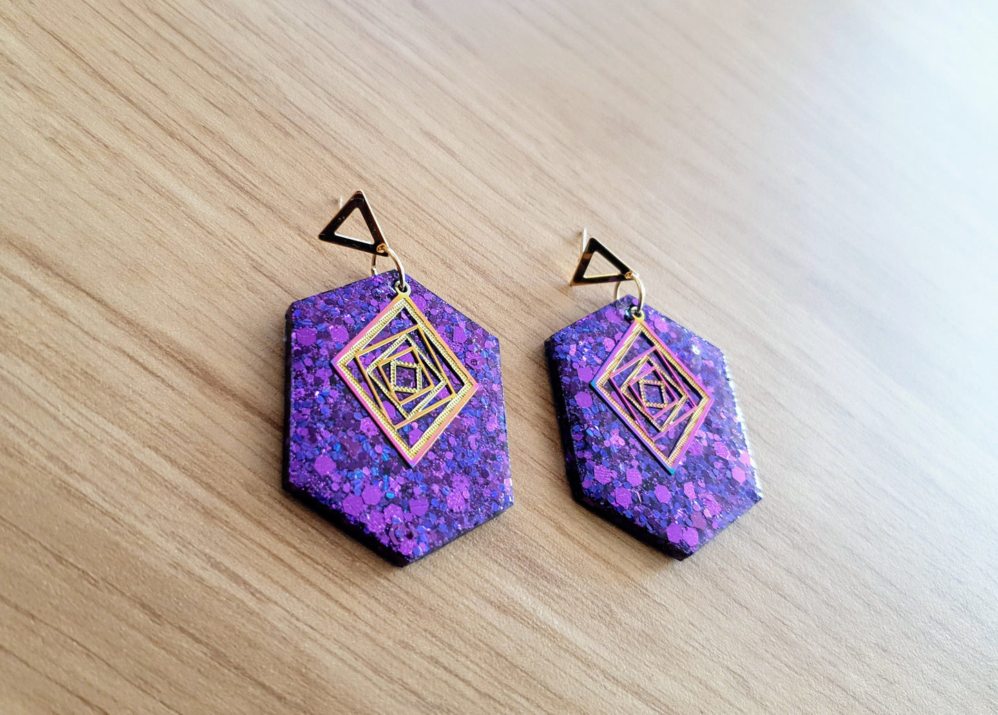 Purple Hexagon with Gold Triangle Dangle Drop Earrings, Resin Handmade with Gold Stainless Steel Stud Earrings, Statement Earrings, Gift