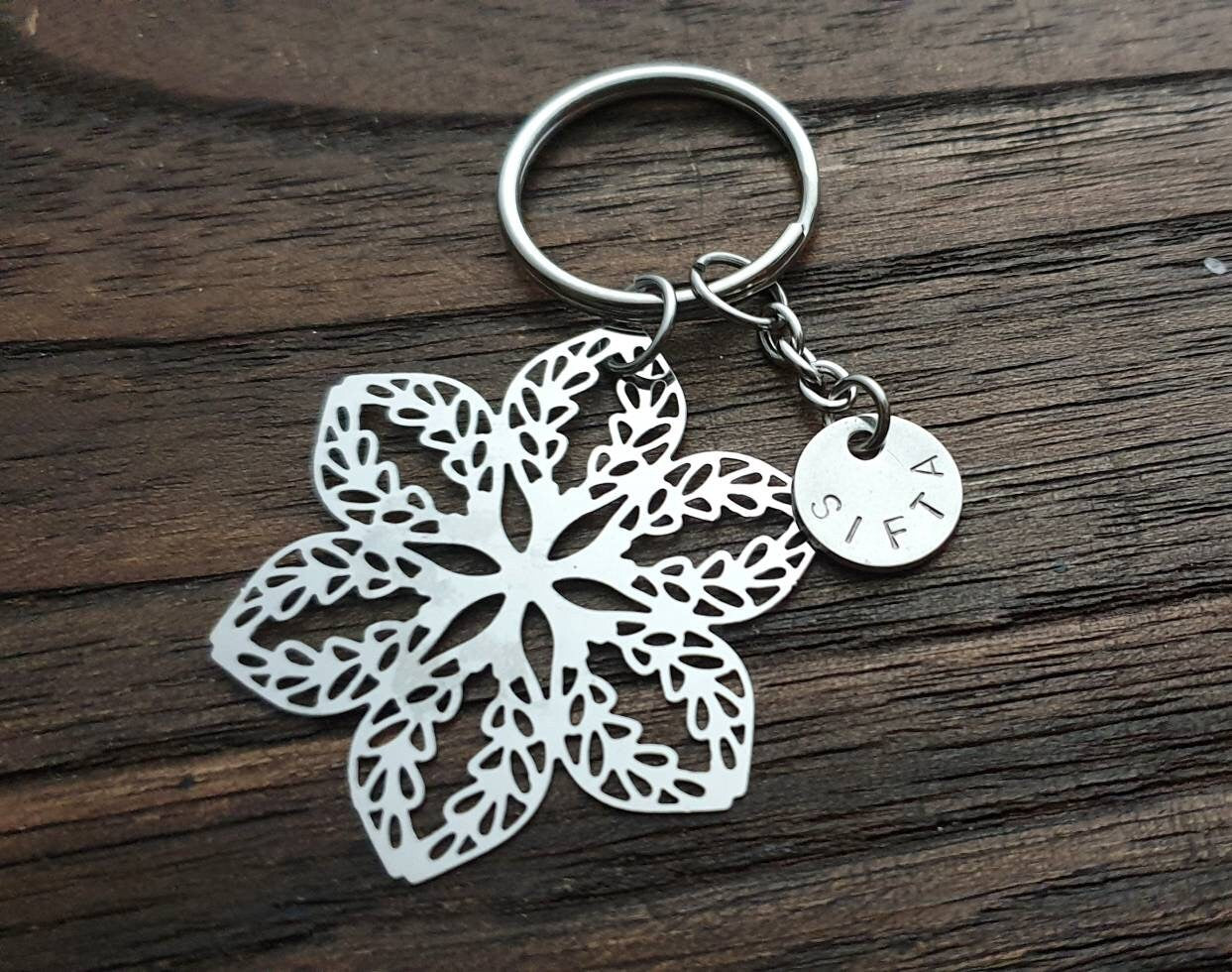 Flower Keyring, Filigree Personalised Hand Stamped Key Ring Stainless Steel, Gift