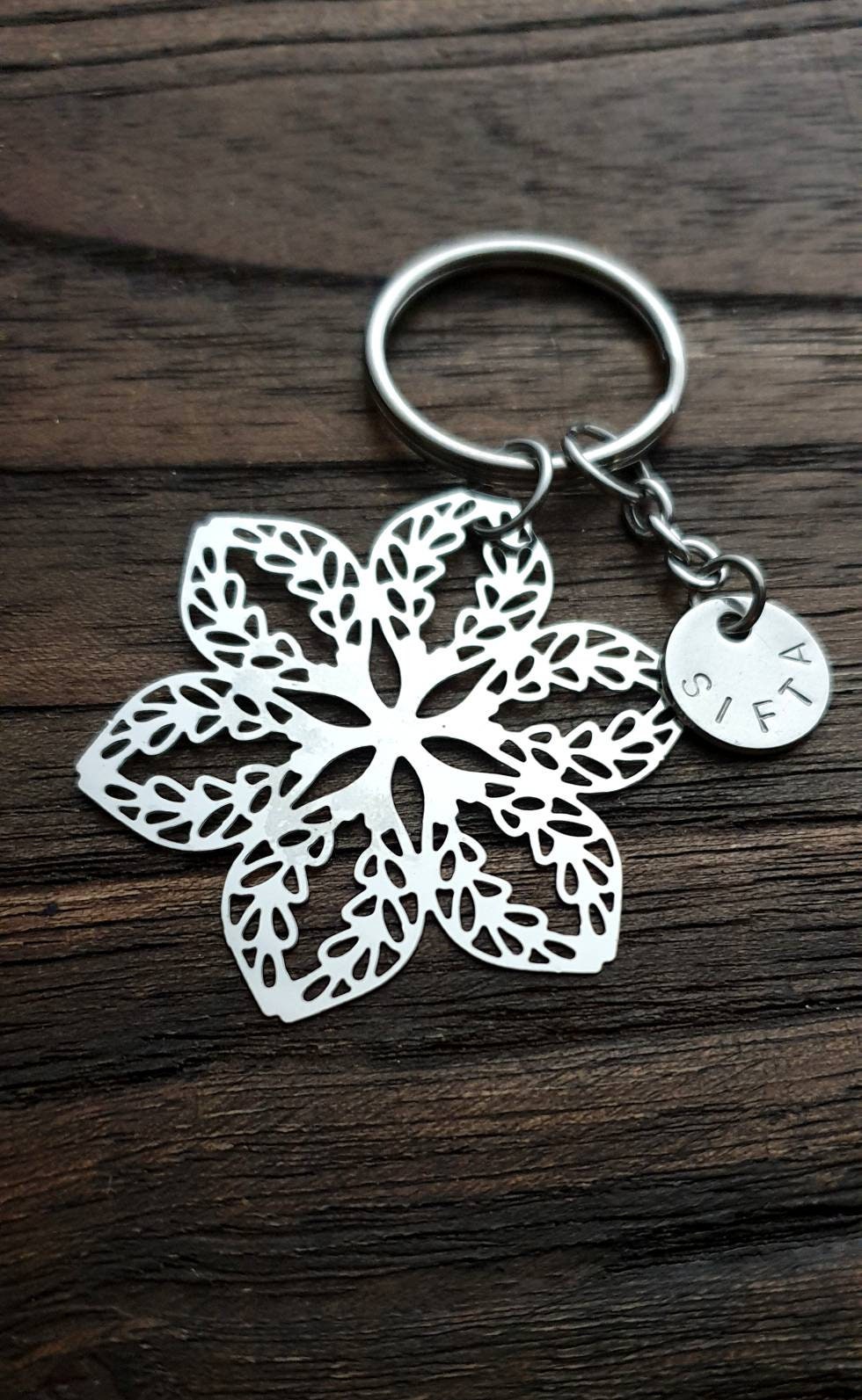 Flower Keyring, Filigree Personalised Hand Stamped Key Ring Stainless Steel, Gift