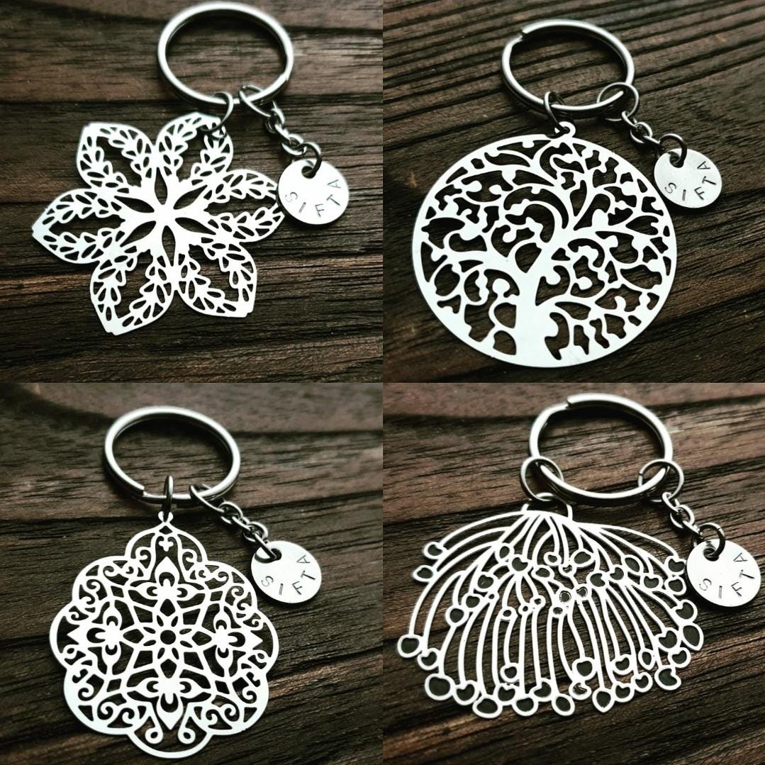 Flower Keyring, Filigree Personalised Hand Stamped Key Ring Stainless Steel, Gift