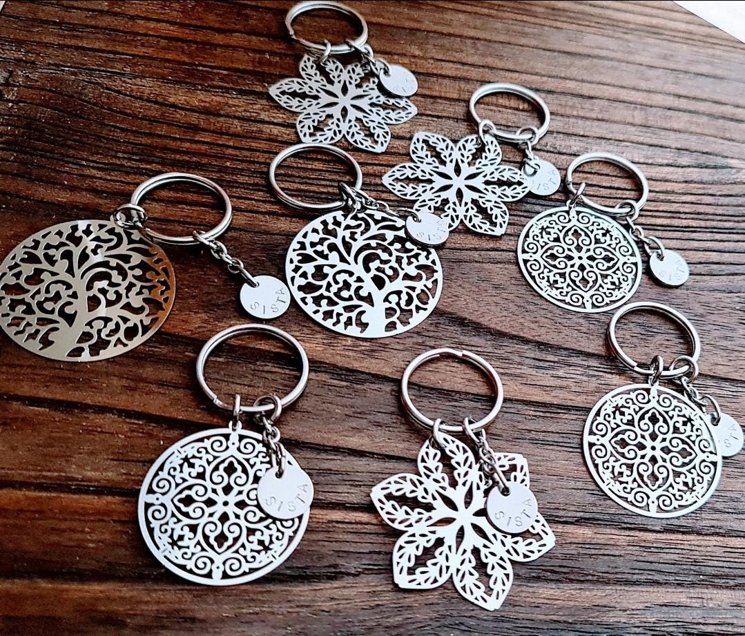 Flower Keyring, Filigree Personalised Hand Stamped Key Ring Stainless Steel, Gift