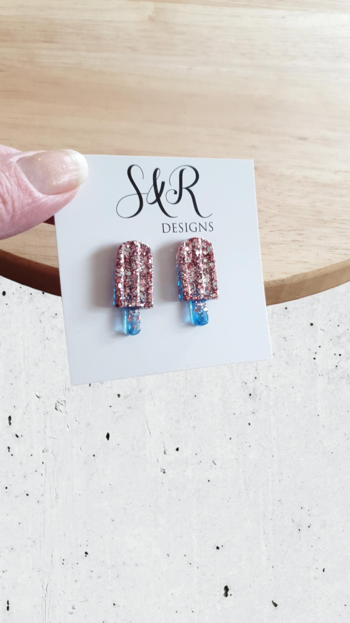 Pink Icy Pole Stud Glitter Earrings, Pink Silver Mix with Blue Ice Cream Earrings, Statement Food Lover Earrings