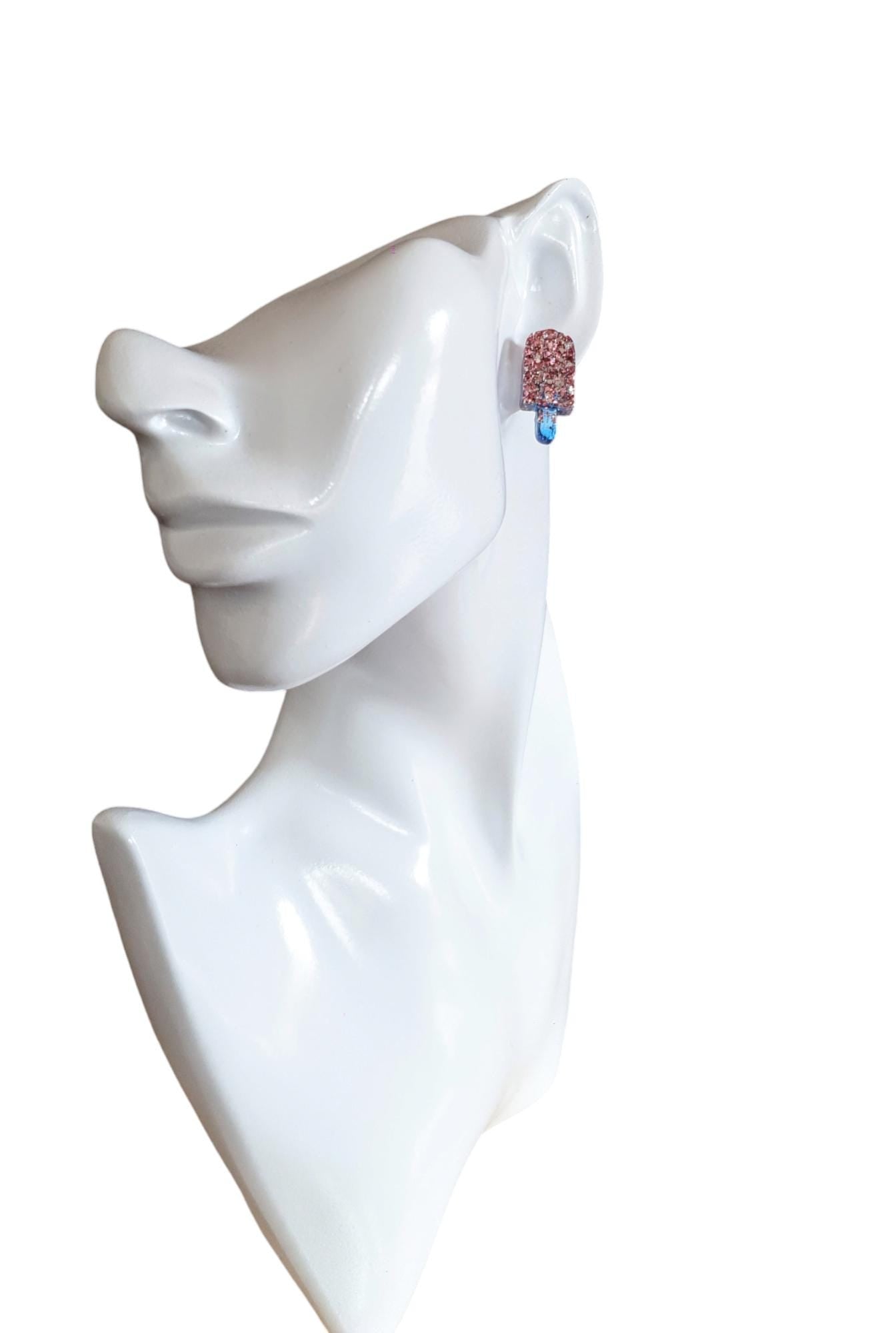 Pink Icy Pole Stud Glitter Earrings, Pink Silver Mix with Blue Ice Cream Earrings, Statement Food Lover Earrings