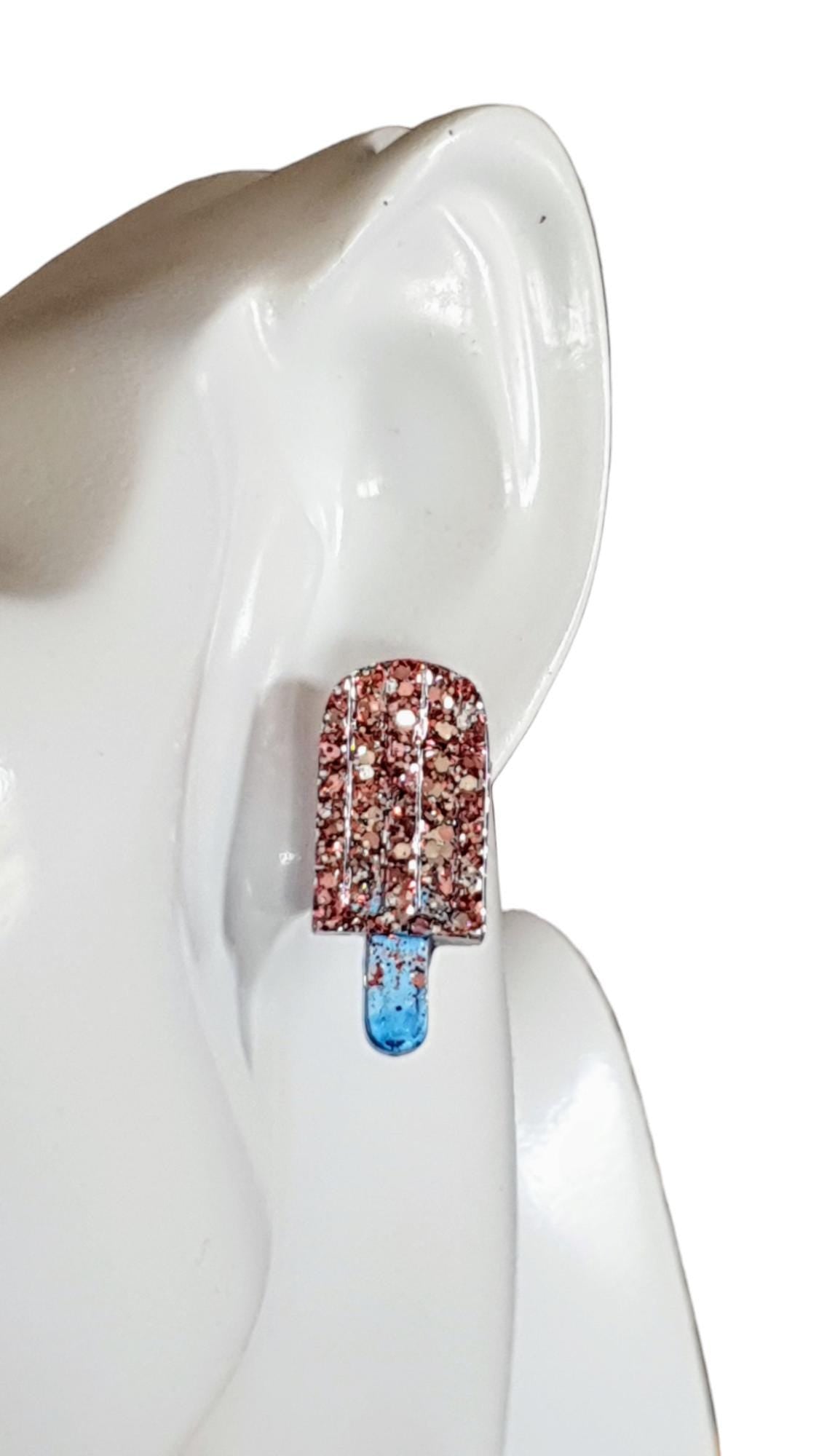 Pink Icy Pole Stud Glitter Earrings, Pink Silver Mix with Blue Ice Cream Earrings, Statement Food Lover Earrings