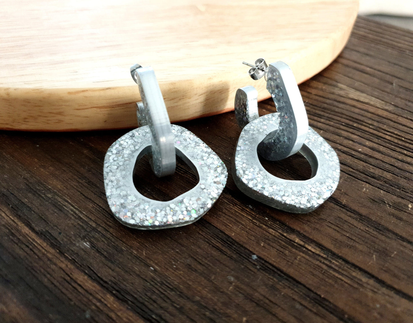 Silver Hoop Link Dangle Drop Earrings, Silver Holographic Hoops with Stainless Steel. Unique Design Handmade Jewellery.