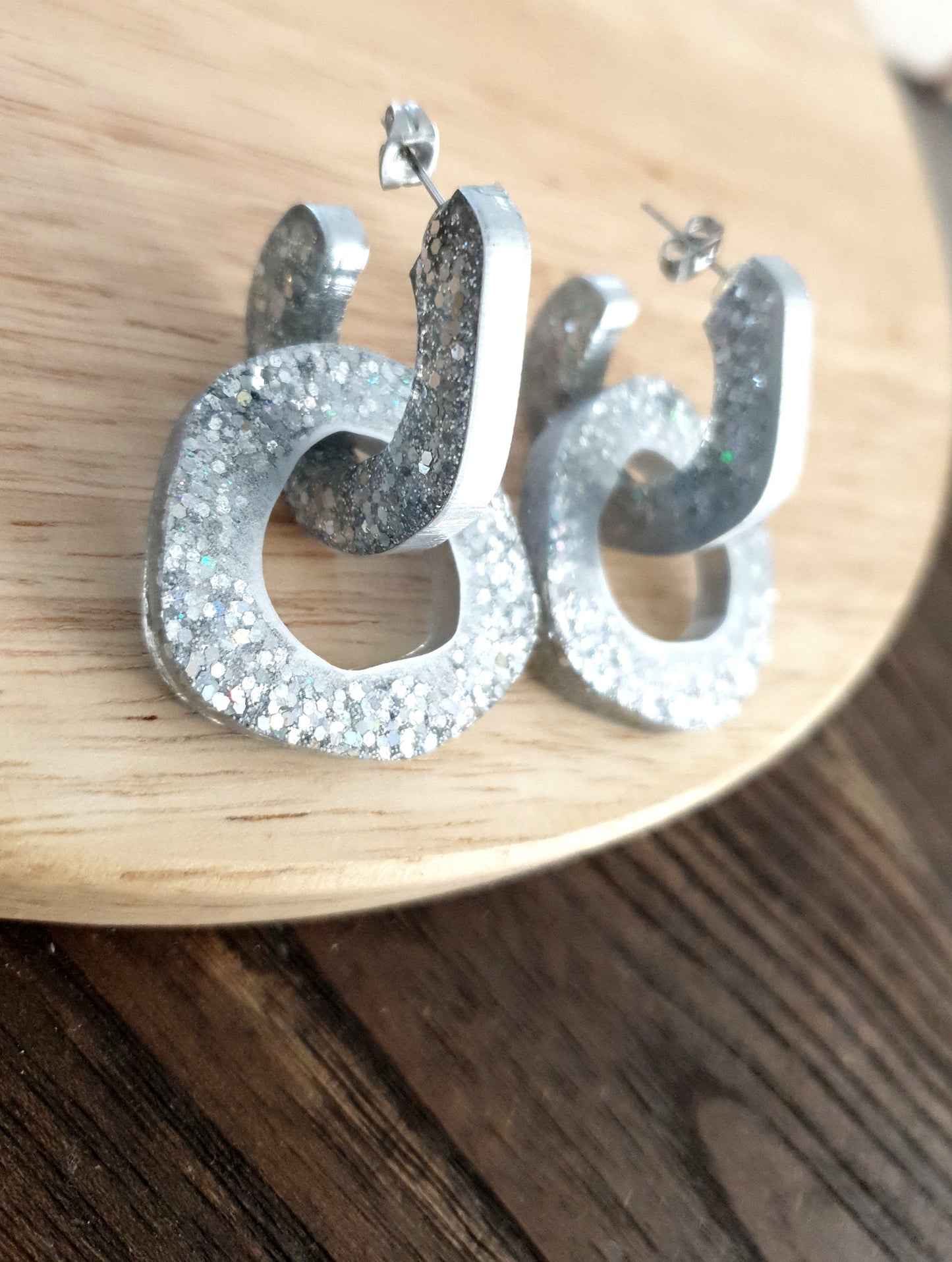 Silver Hoop Link Dangle Drop Earrings, Silver Holographic Hoops with Stainless Steel. Unique Design Handmade Jewellery.