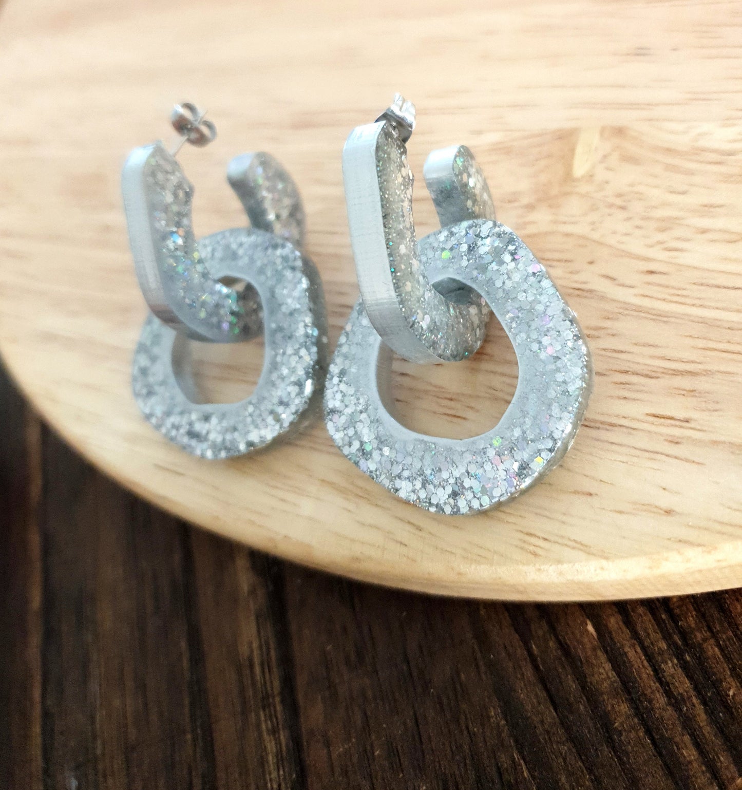 Silver Hoop Link Dangle Drop Earrings, Silver Holographic Hoops with Stainless Steel. Unique Design Handmade Jewellery.