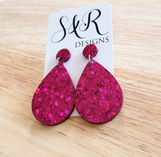 Pink Mix Bouquet Teardrops Resin Long Dangle Earrings, Pink Mix Glitter Resin Earrings, Stainless Steel Earrings  Statement Dangles