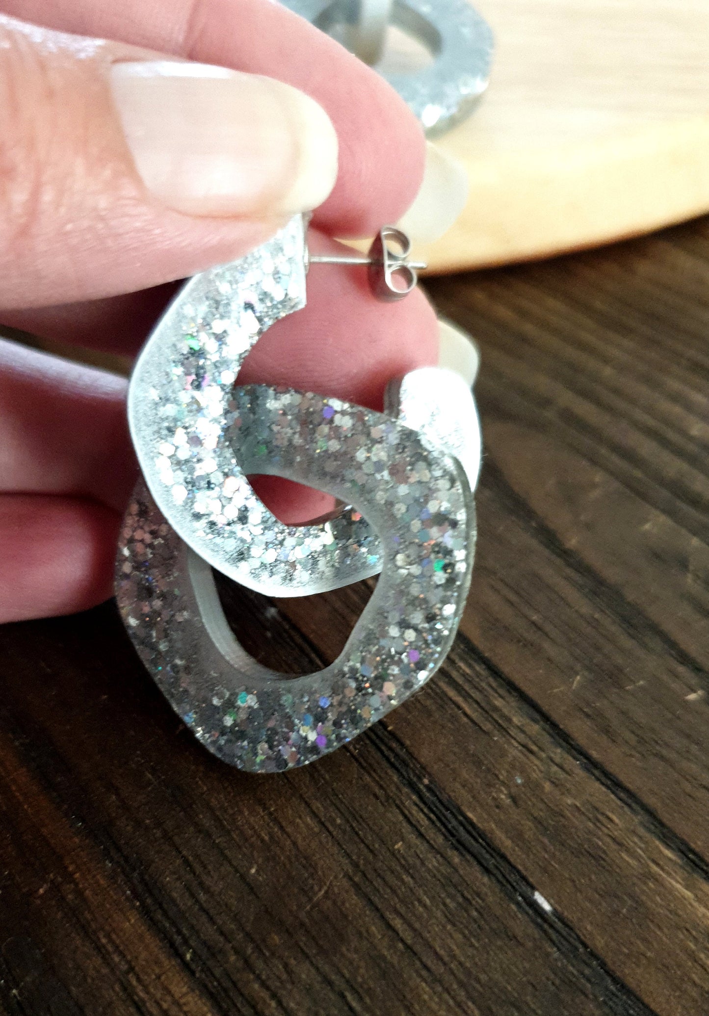 Silver Hoop Link Dangle Drop Earrings, Silver Holographic Hoops with Stainless Steel. Unique Design Handmade Jewellery.