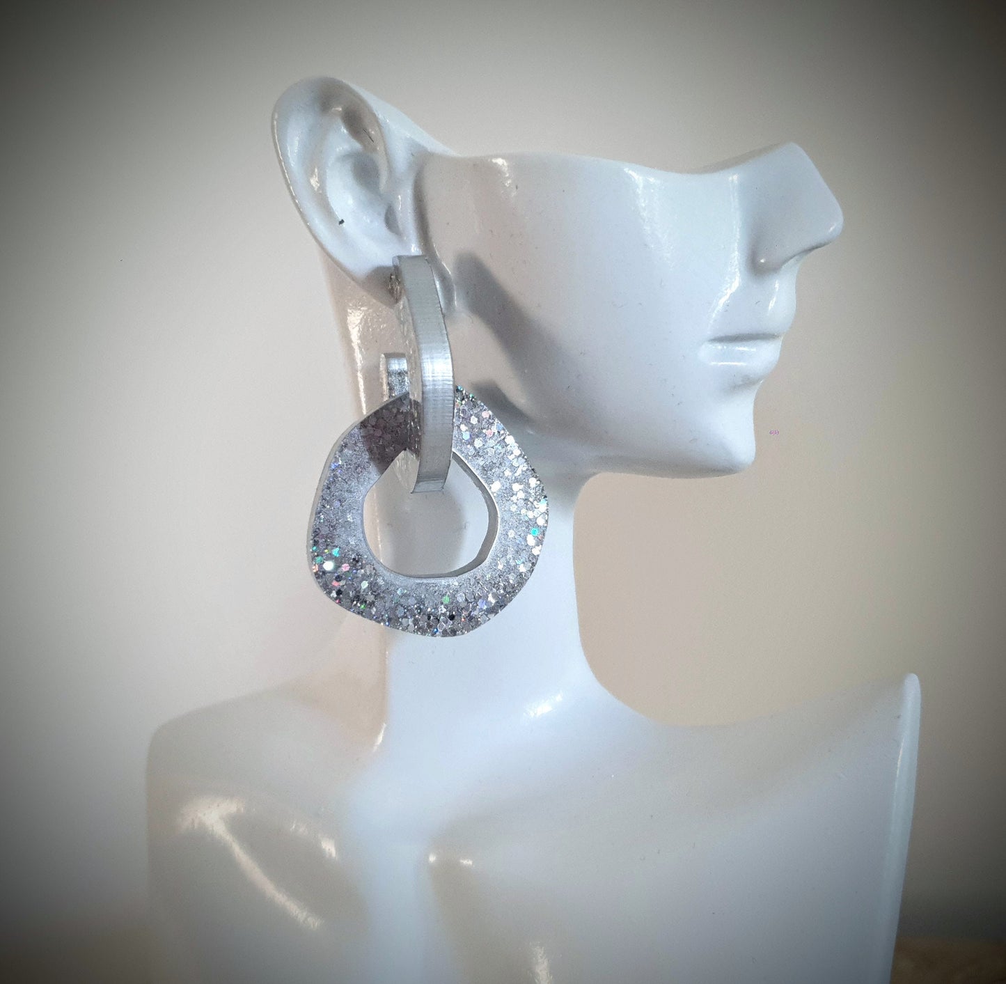 Silver Hoop Link Dangle Drop Earrings, Silver Holographic Hoops with Stainless Steel. Unique Design Handmade Jewellery.