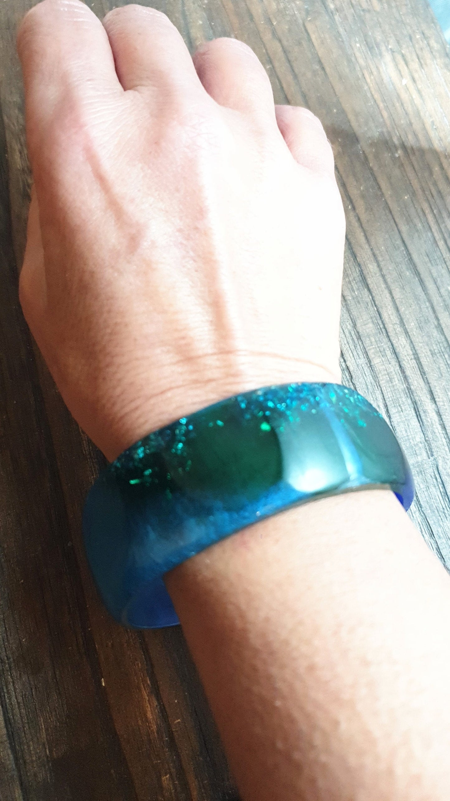 Blue Wide Resin Glitter Bangle, Blue, Aqua  Green Resin with Silver and Rosegold Leaf. Handmade Bangle 67mm inner diameter