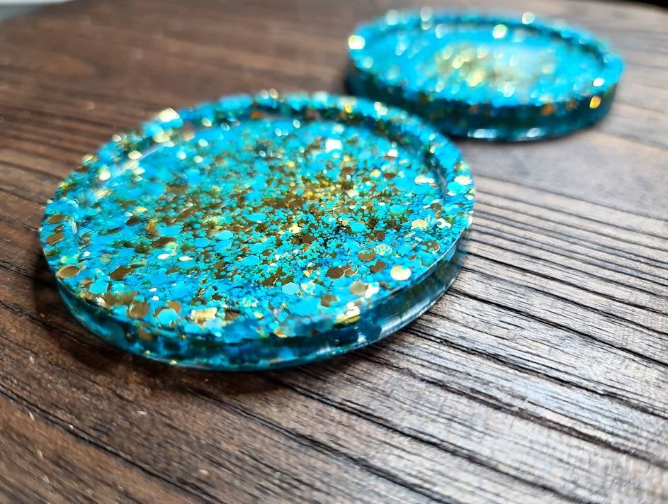 Resin Trinket Ring Dish, Coaster Blu Gold Glitter Mix
