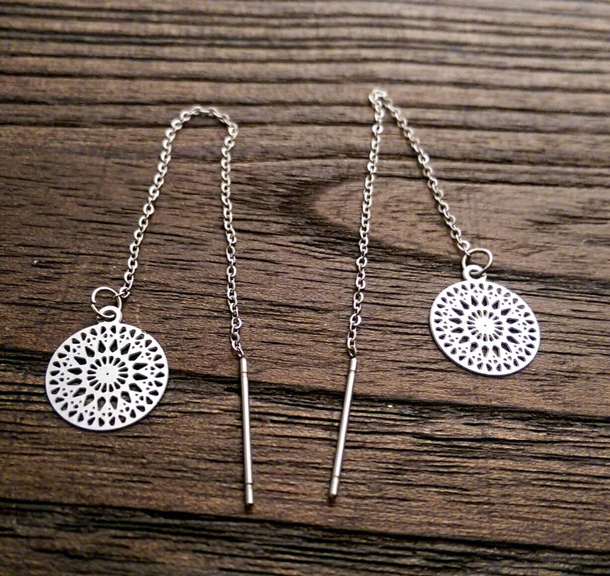 Circle Filigree Stainless Steel Dangle Thread Earrings, Threader Earrings.