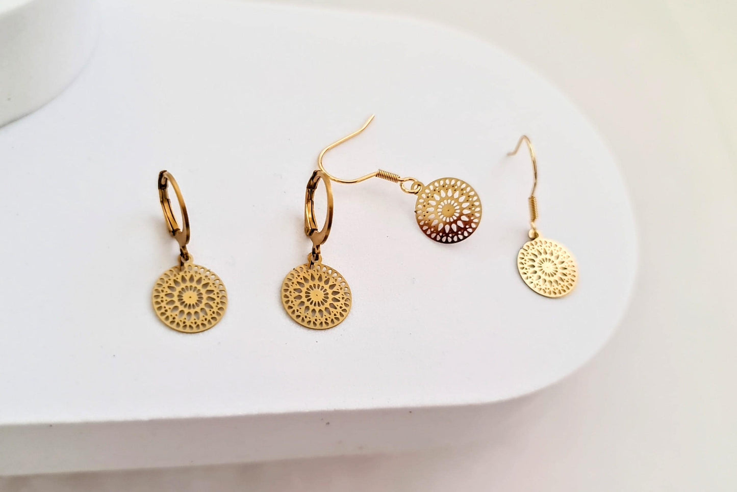 Gold Circle Leverback Earrings, Circle Filigree Gold Stainless Steel Dangle Leverback Earrings.