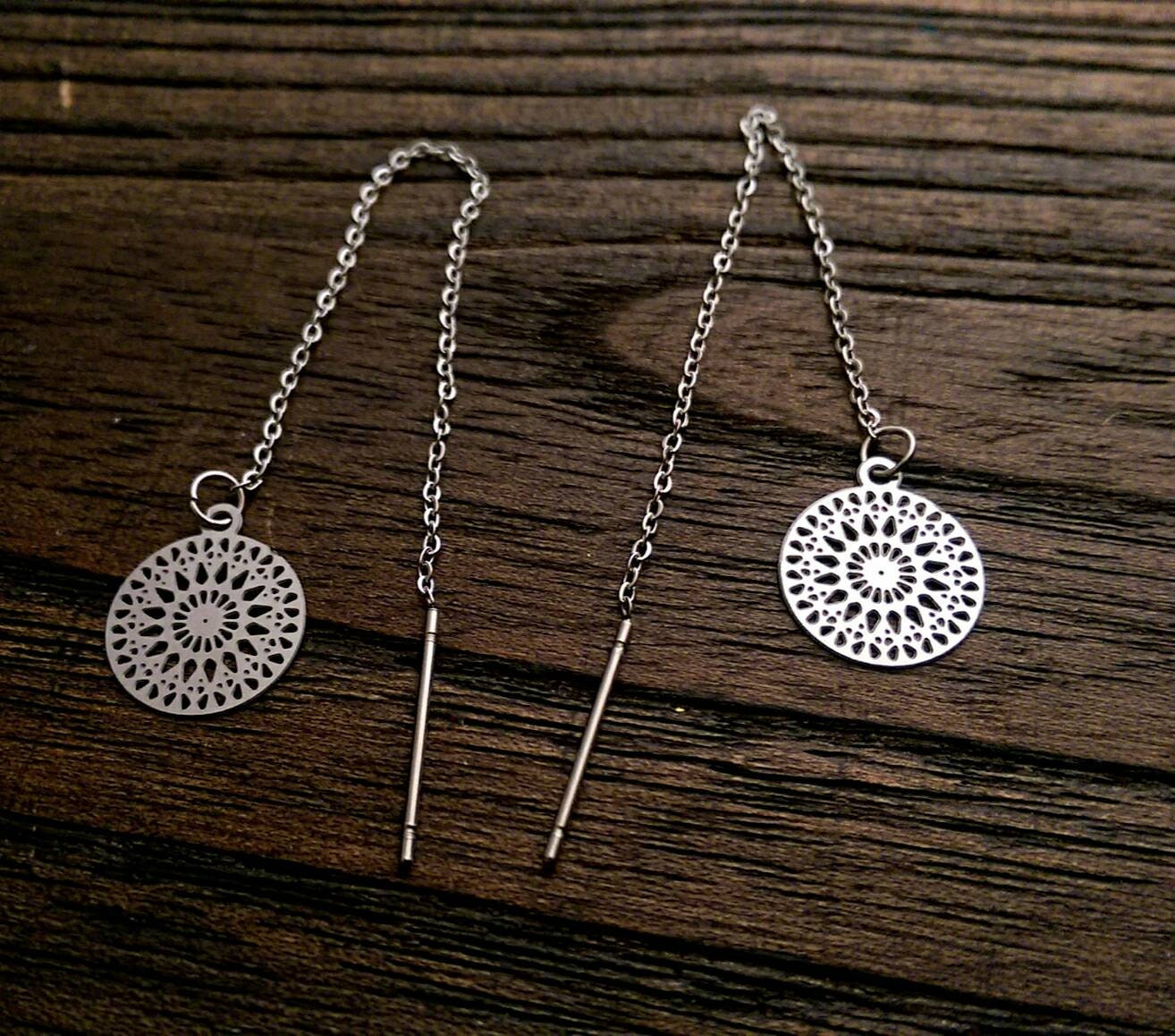 Circle Filigree Stainless Steel Dangle Thread Earrings, Threader Earrings.