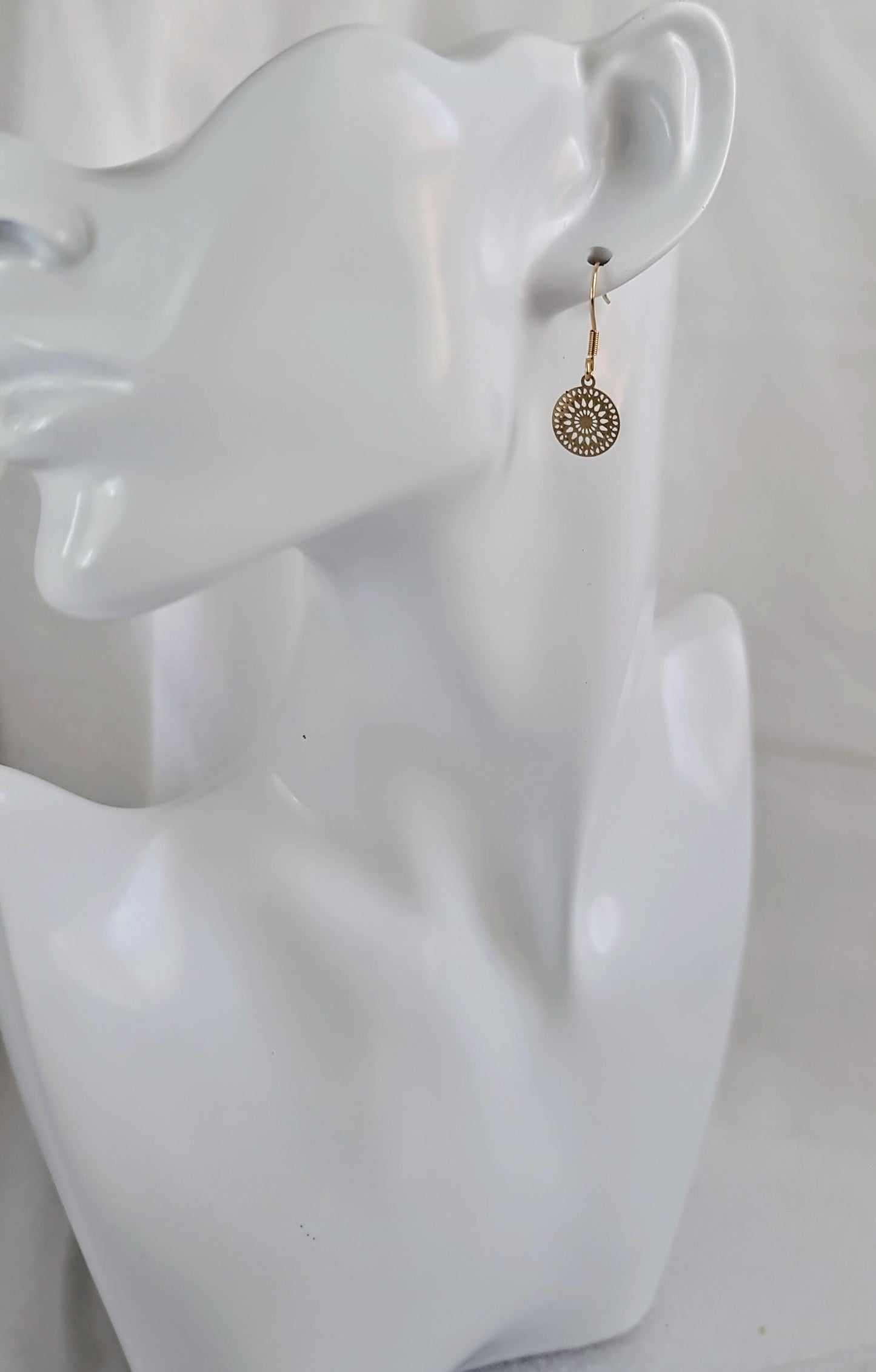 Gold Circle Leverback Earrings, Circle Filigree Gold Stainless Steel Dangle Leverback Earrings.