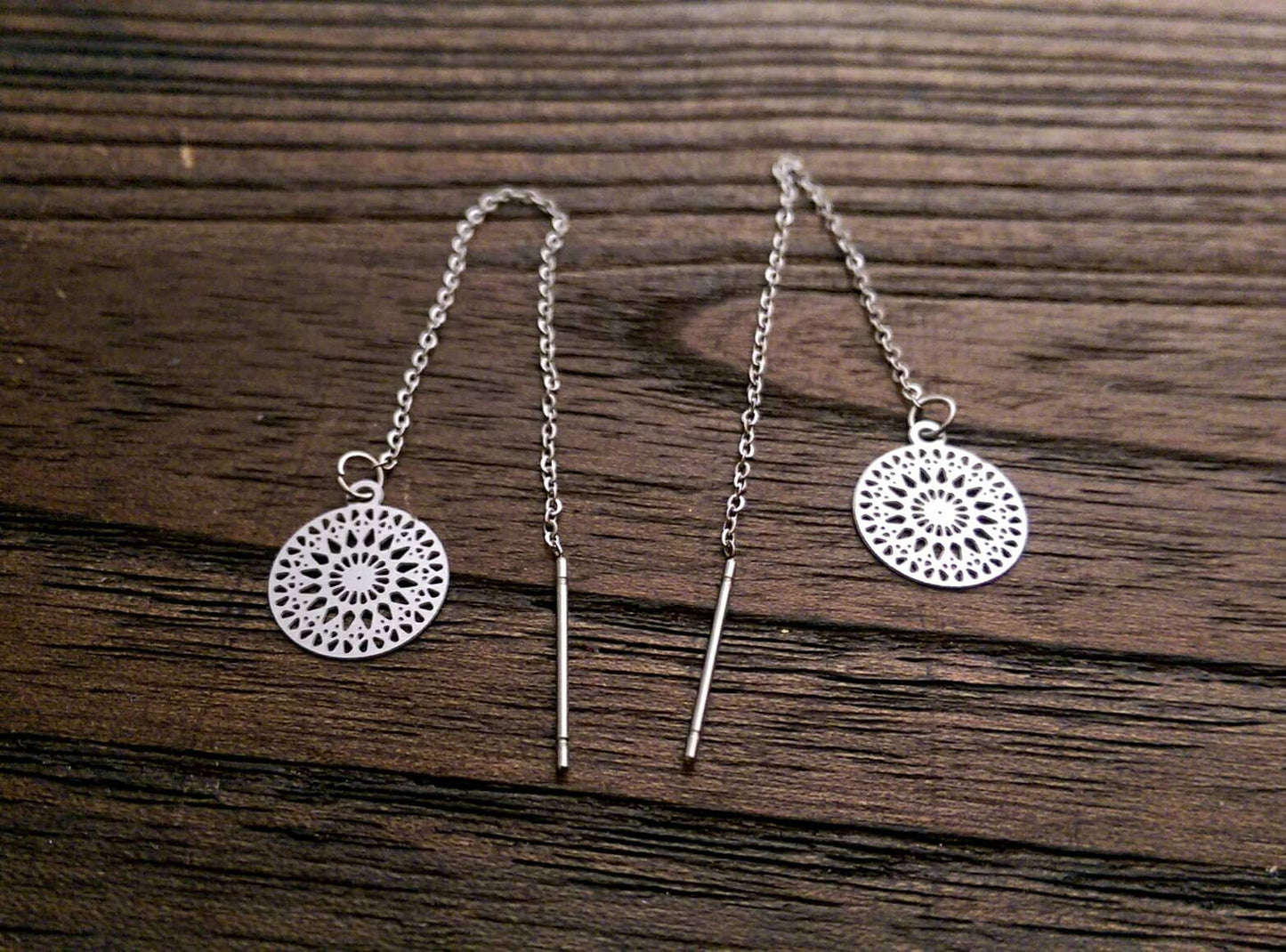 Circle Filigree Stainless Steel Dangle Thread Earrings, Threader Earrings.