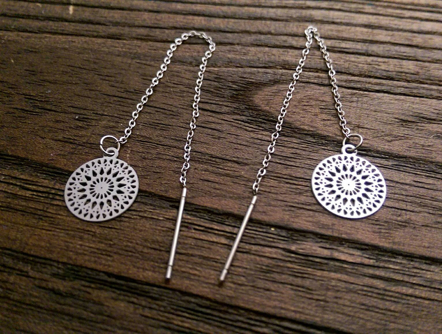 Circle Filigree Stainless Steel Dangle Thread Earrings, Threader Earrings.