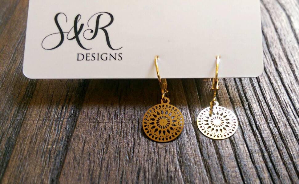 Gold Circle Leverback Earrings, Circle Filigree Gold Stainless Steel Dangle Leverback Earrings.