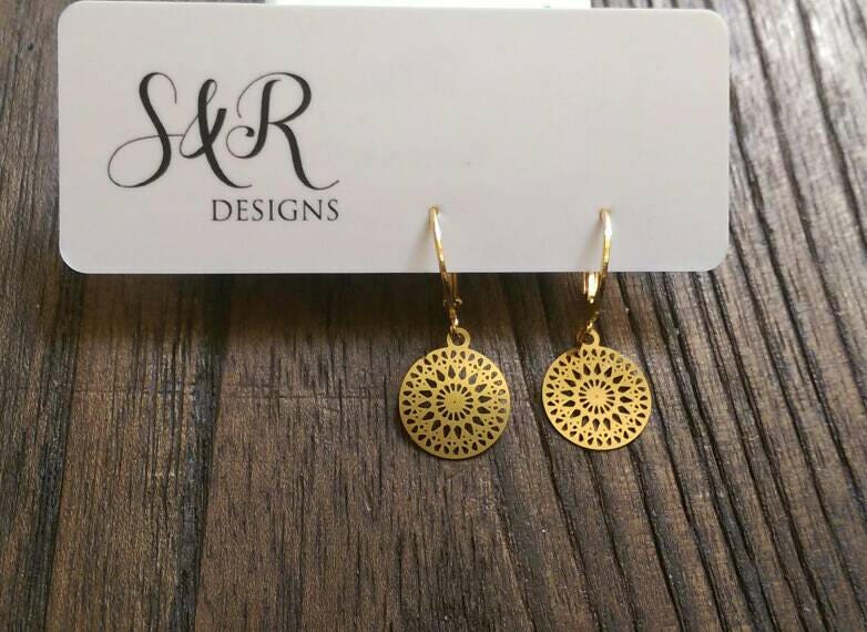 Gold Circle Leverback Earrings, Circle Filigree Gold Stainless Steel Dangle Leverback Earrings.