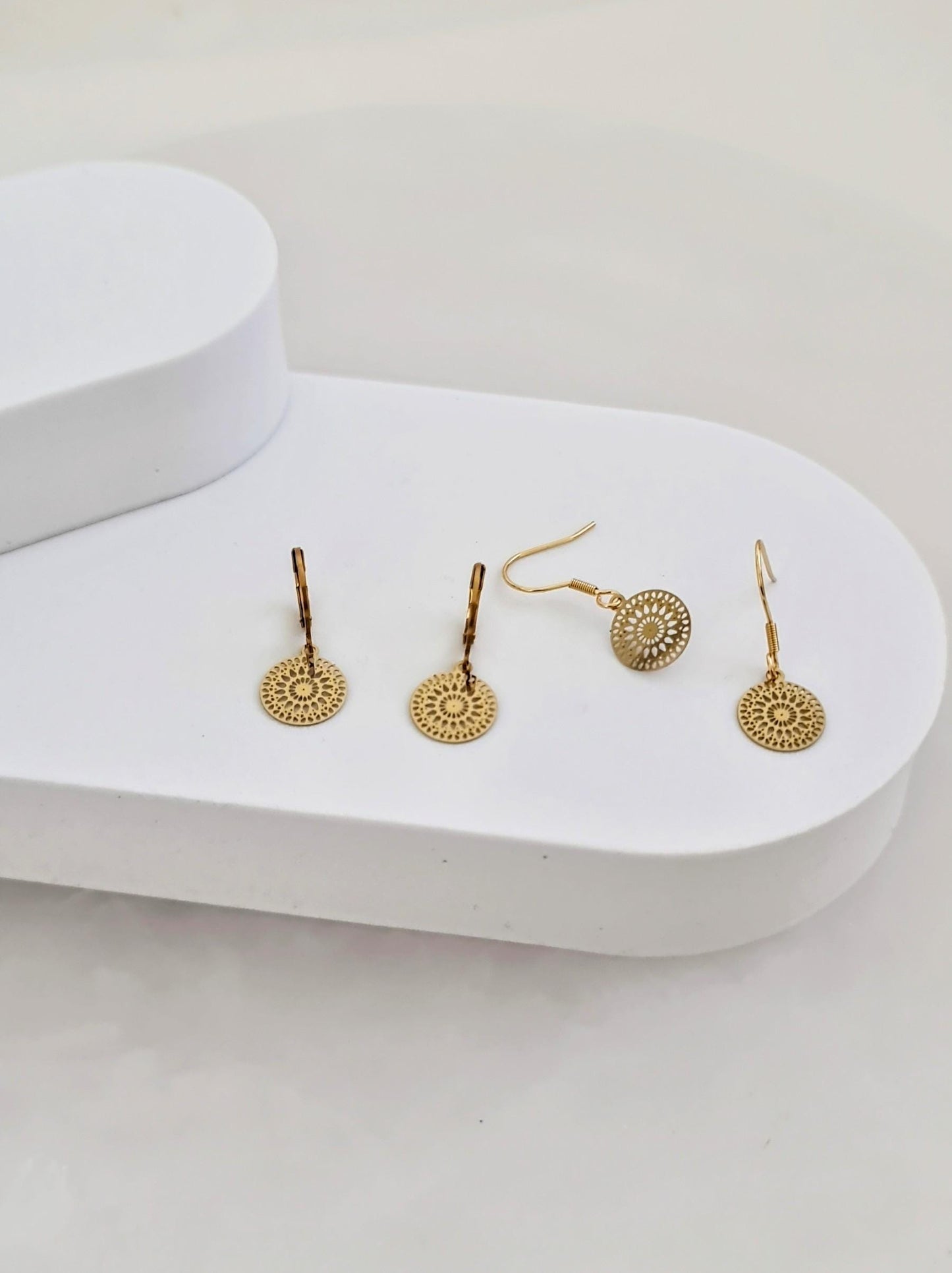 Gold Circle Leverback Earrings, Circle Filigree Gold Stainless Steel Dangle Leverback Earrings.