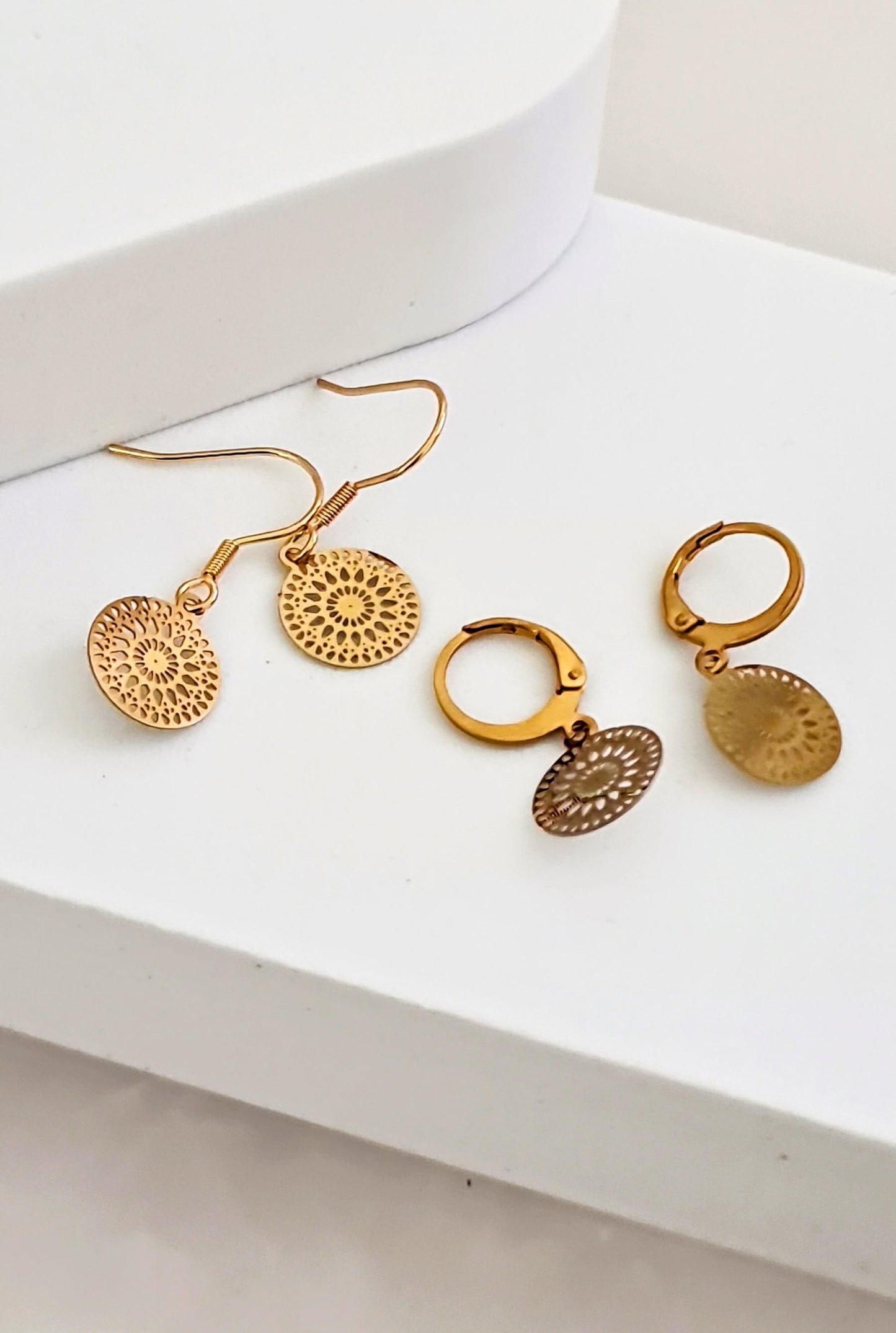 Gold Circle Leverback Earrings, Circle Filigree Gold Stainless Steel Dangle Leverback Earrings.