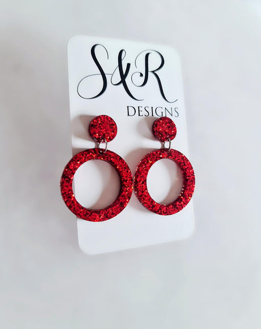 Red Circle Dangle Earrings, Hoop Resin Circle Earrings, Stainless Steel Earrings, Statement Earrings, Small Earrings