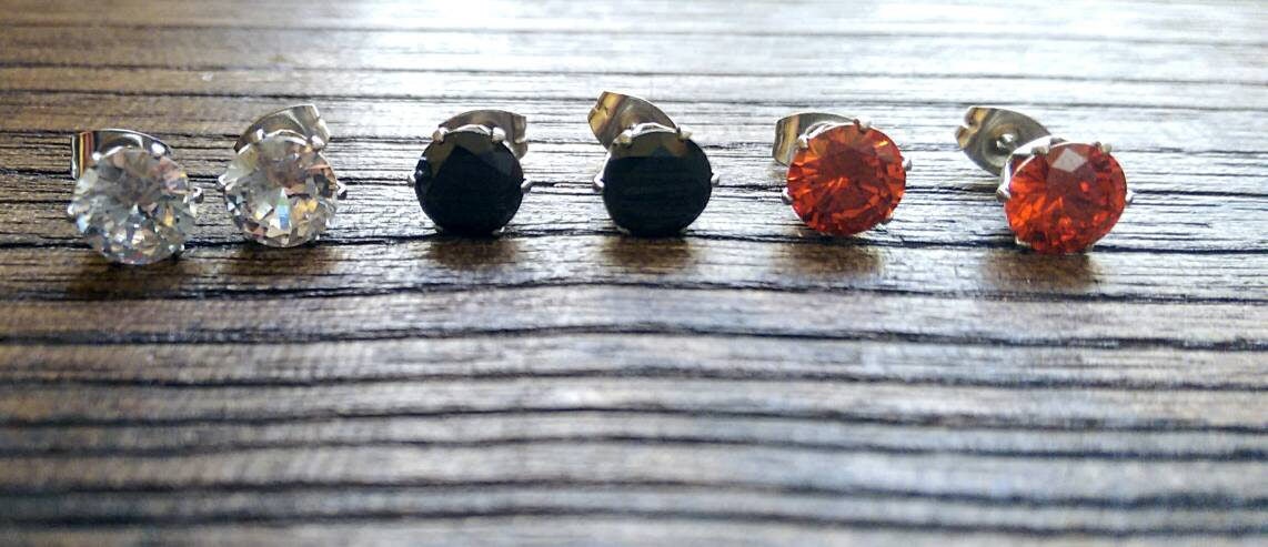 Silver Cubic Zirconia Stud Earrings, 5mm 6mm 7mm Clear, Black, Red, Emerald Green, Aqua, Champagne, Blue Sapphire Pink with Stainless Steel