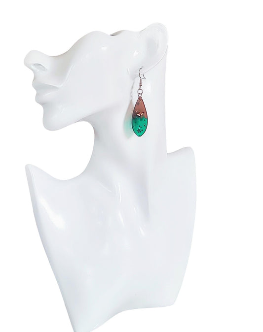 Emerald Green and Mocha Teardrop Hook Dangle Earrings, Stainless Steel Statement Earrings.