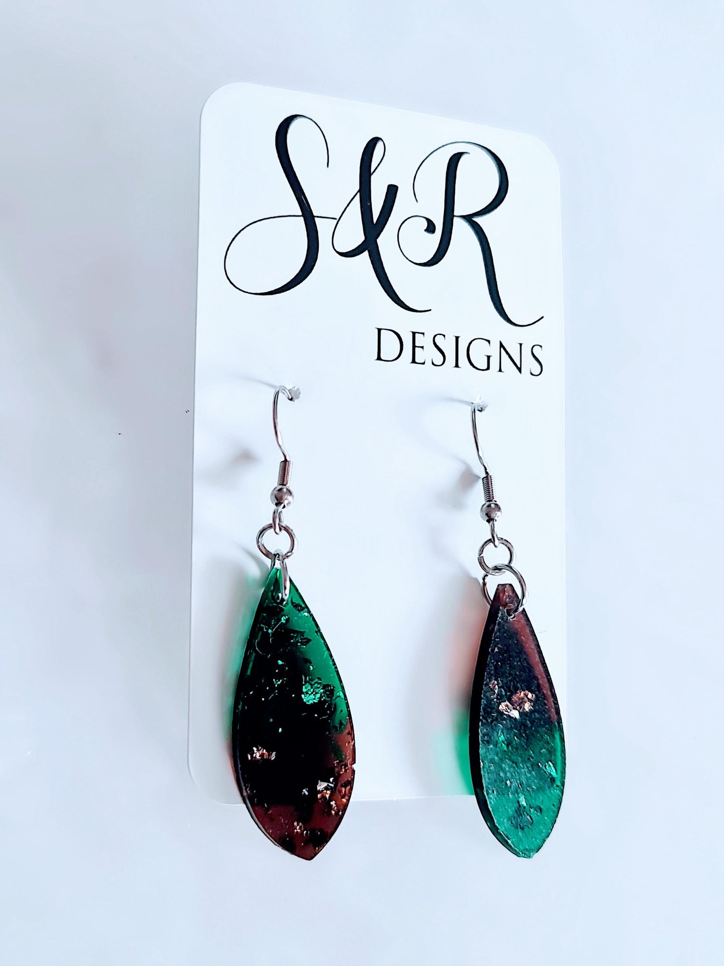Emerald Green and Mocha Teardrop Hook Dangle Earrings, Stainless Steel Statement Earrings.