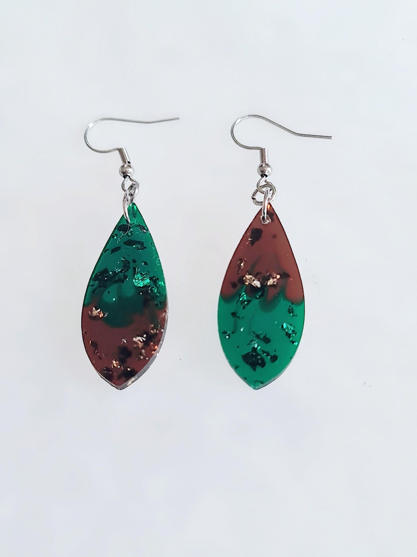 Emerald Green and Mocha Teardrop Hook Dangle Earrings, Stainless Steel Statement Earrings.