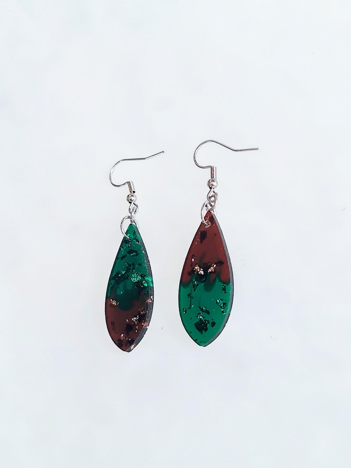Emerald Green and Mocha Teardrop Hook Dangle Earrings, Stainless Steel Statement Earrings.
