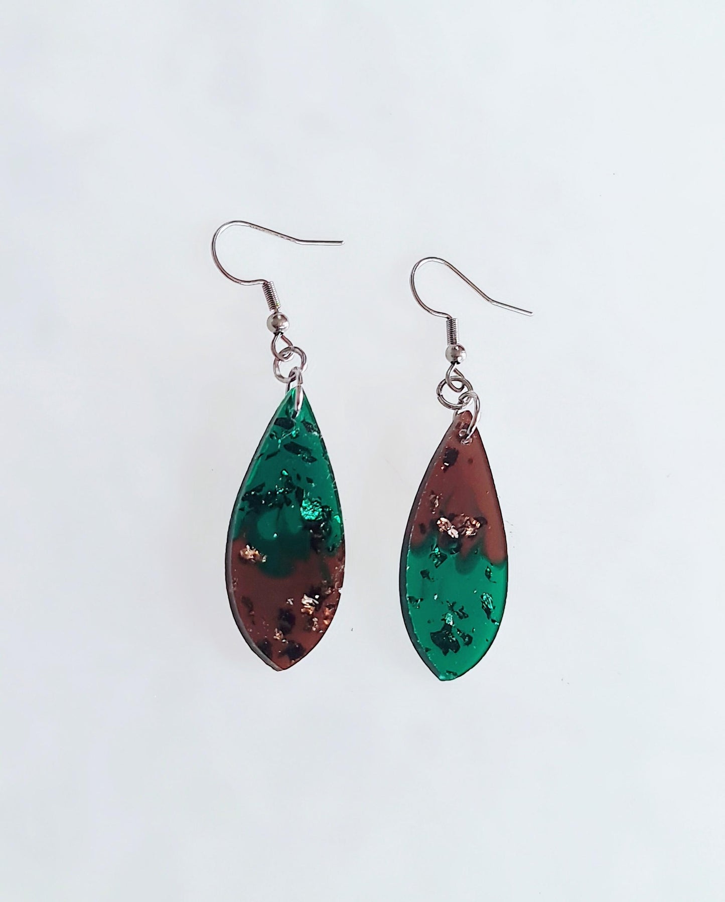 Emerald Green and Mocha Teardrop Hook Dangle Earrings, Stainless Steel Statement Earrings.