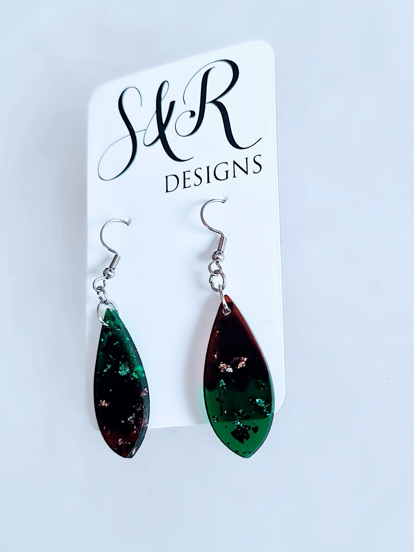 Emerald Green and Mocha Teardrop Hook Dangle Earrings, Stainless Steel Statement Earrings.