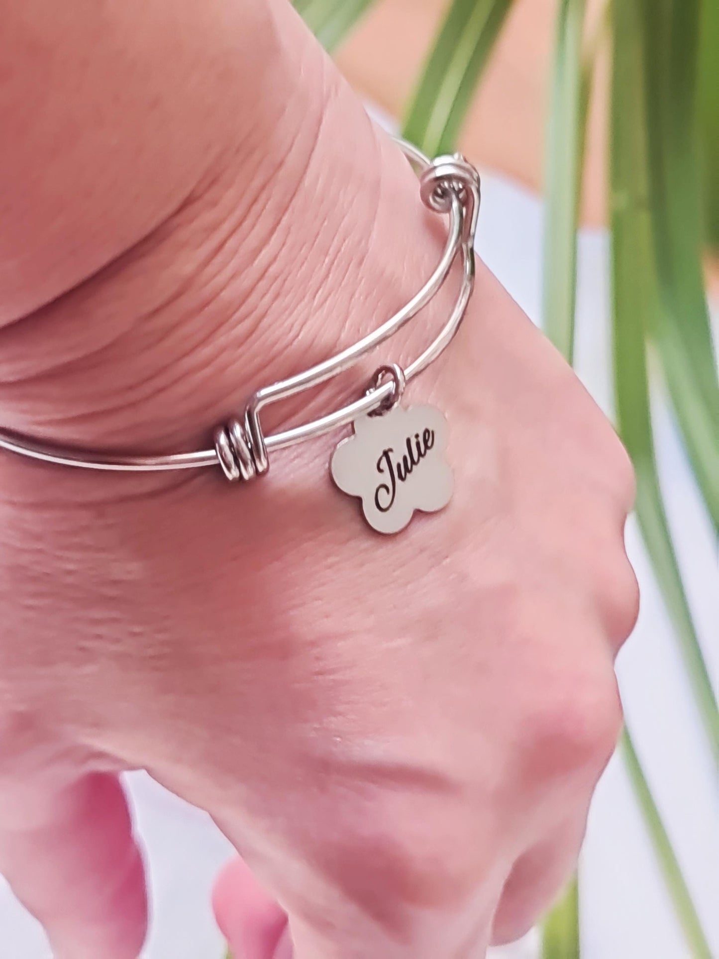 Silver Name Bangle, Personalised Initial Name Charm Bangle, Flower Design Charms, Adjustable Bangle Stainless Steel, Custom Gift for Her