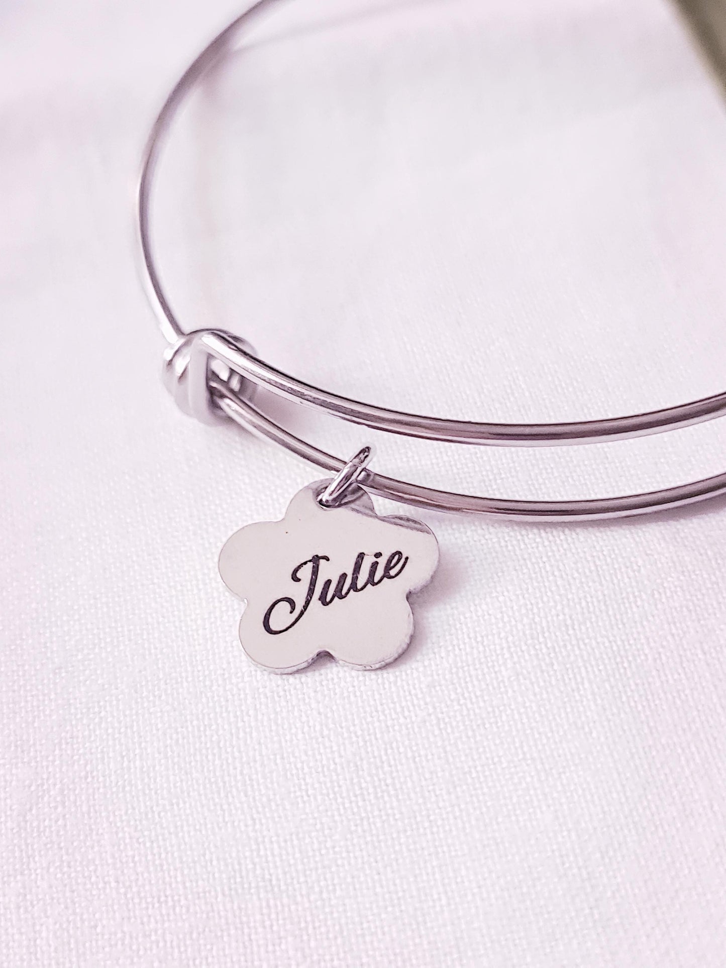 Silver Name Bangle, Personalised Initial Name Charm Bangle, Flower Design Charms, Adjustable Bangle Stainless Steel, Custom Gift for Her