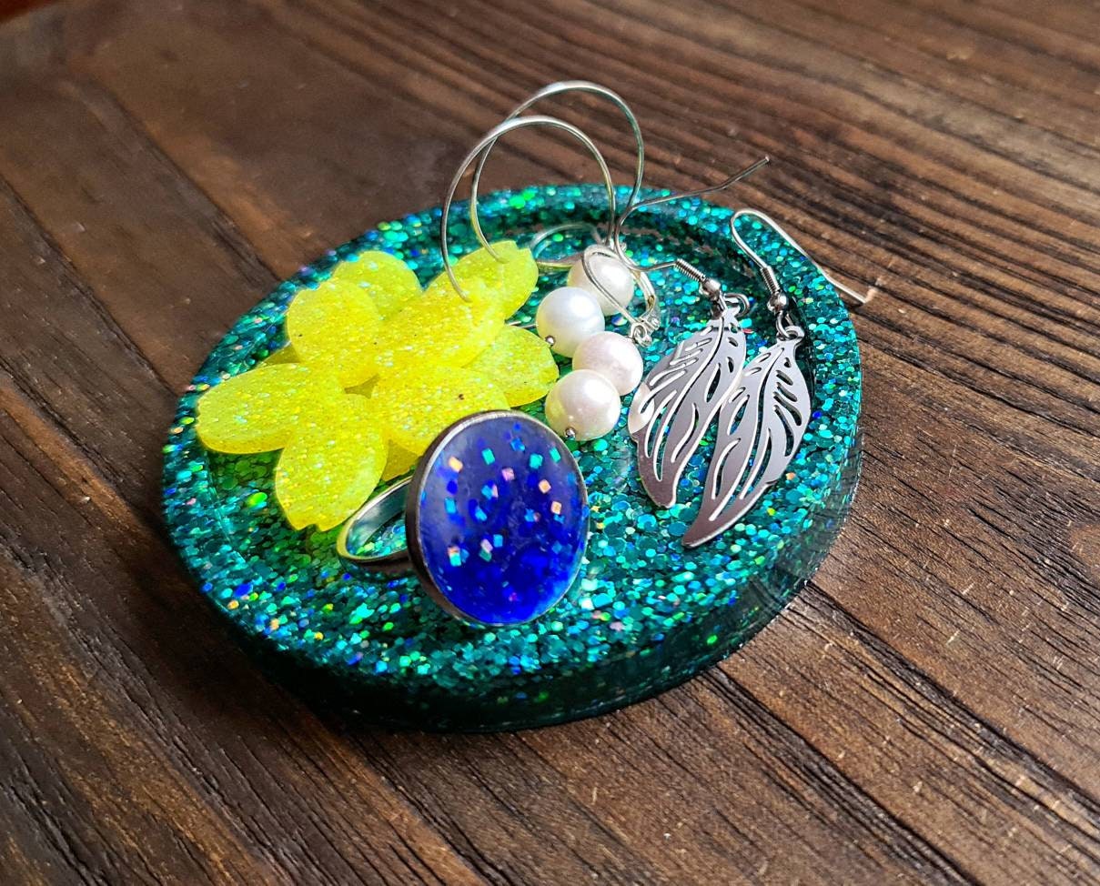 Resin Trinket Ring Dish, Coaster Black Rosegold Copper Glitter Mix