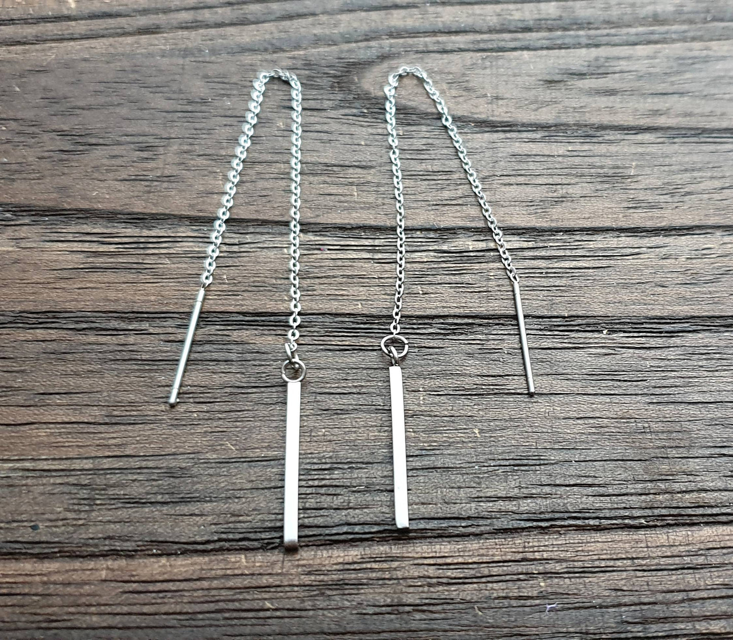 Silver Bar Threader Earrings, Stainless Steel Long Bar Dangles.