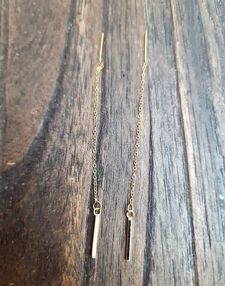 Silver Bar Threader Earrings, Stainless Steel Long Bar Dangles.