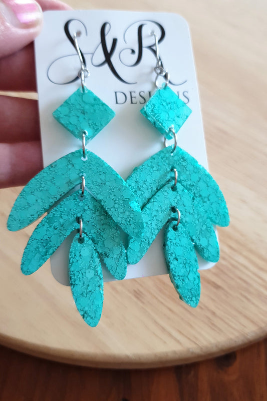 Glitter Resin Earrings, Mint Glitter Leaves Dangle Drop Hook Earrings, Green Mint Glitter Dangles, Statement Chandelier Earrings Stainless