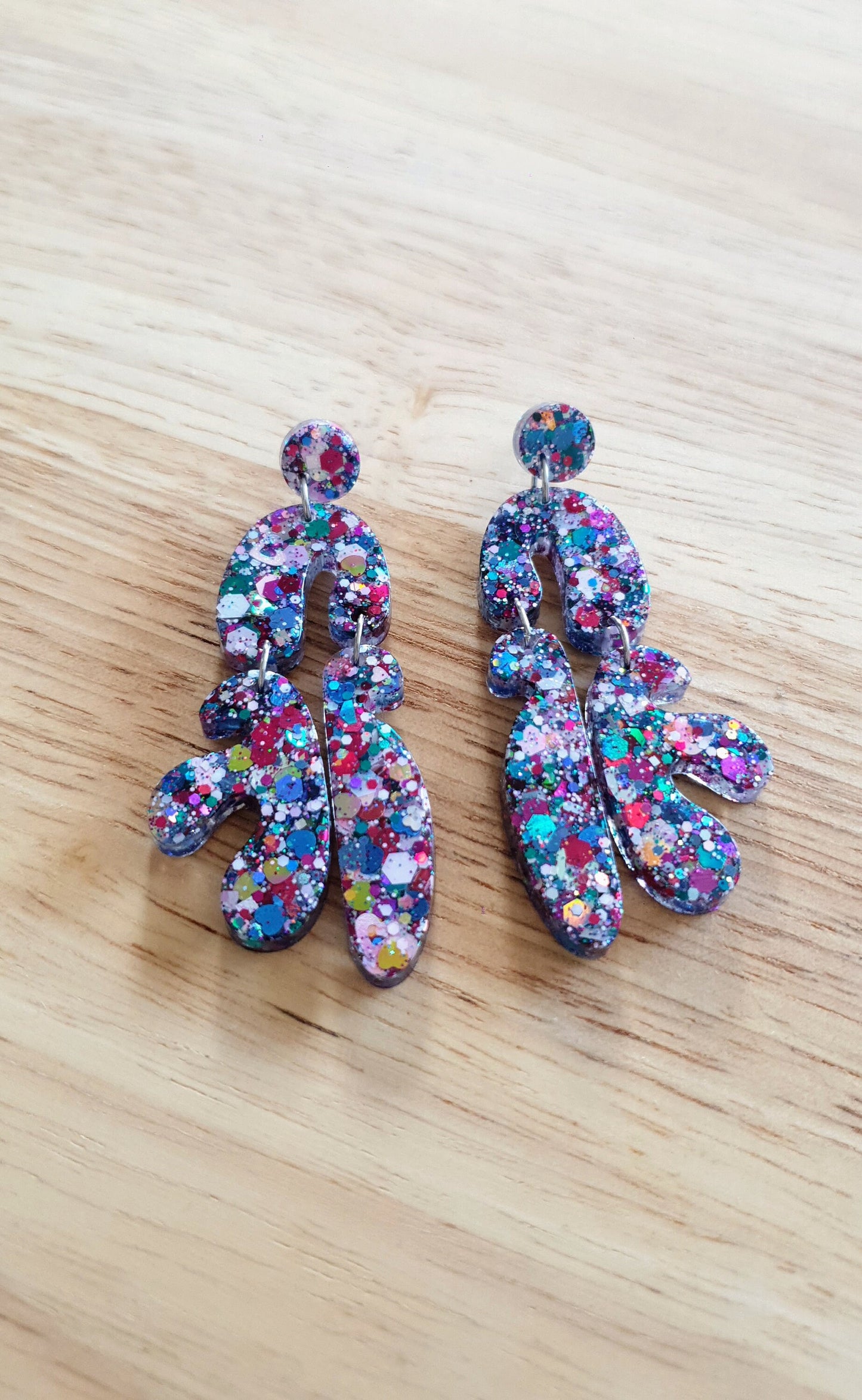 Unique Multicoloured Multi Shape Dangle Drop Earrings, Blue Red Pink White Teal Yellow Mix Glitter, Statement Handmade Resin Earrings