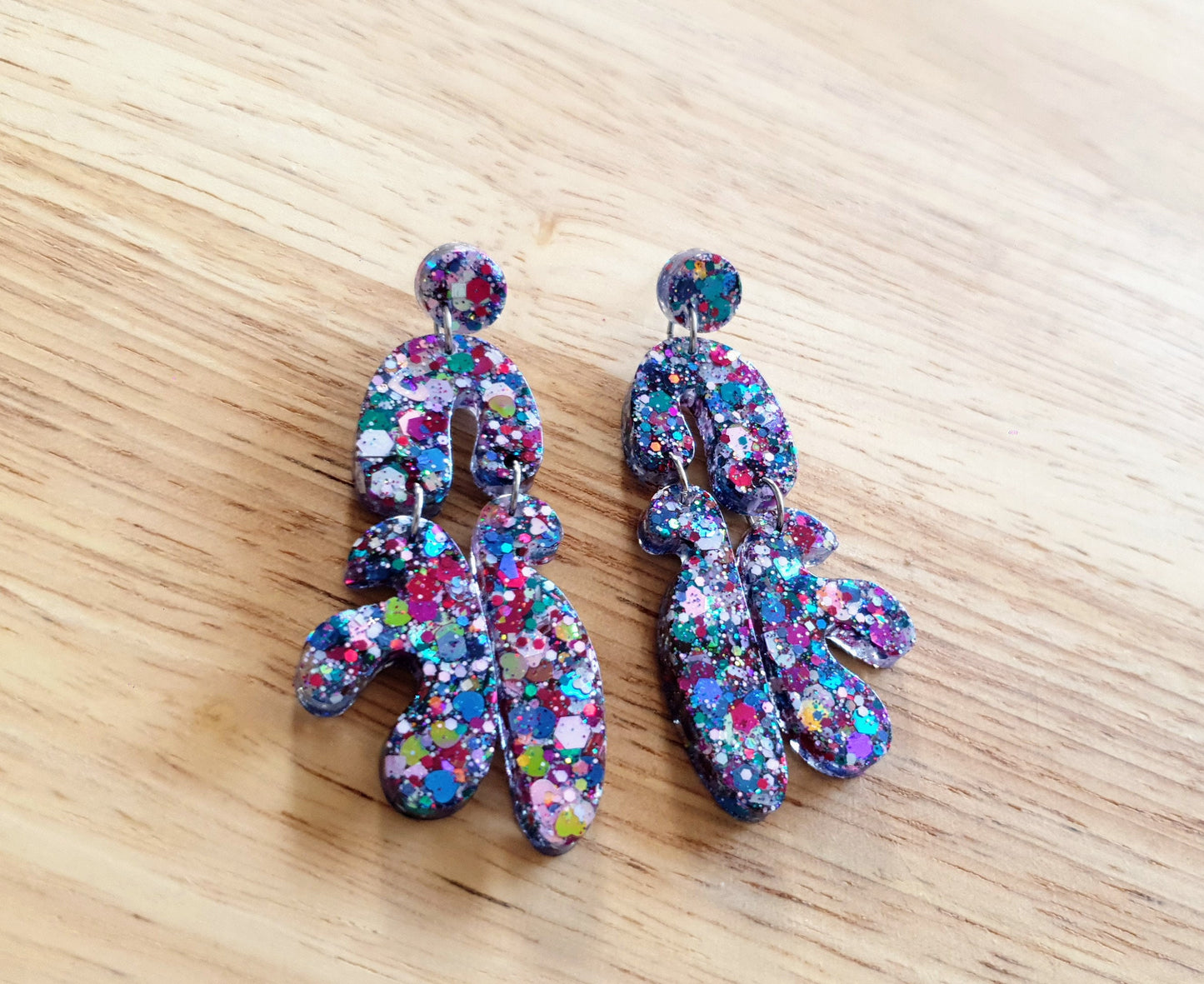 Unique Multicoloured Multi Shape Dangle Drop Earrings, Blue Red Pink White Teal Yellow Mix Glitter, Statement Handmade Resin Earrings