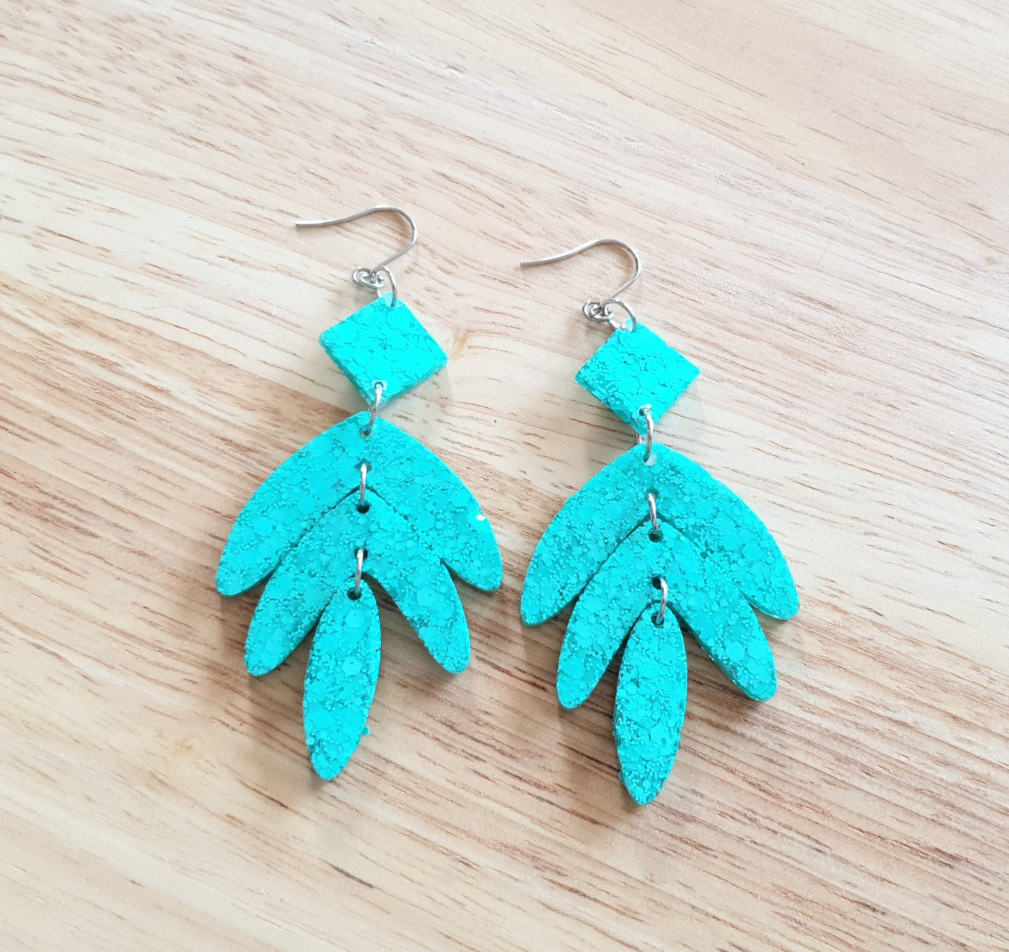Glitter Resin Earrings, Mint Glitter Leaves Dangle Drop Hook Earrings, Green Mint Glitter Dangles, Statement Chandelier Earrings Stainless