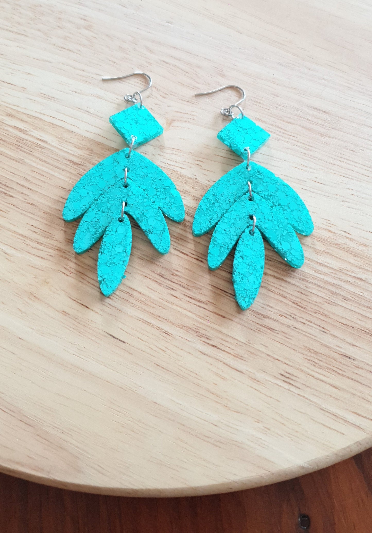 Glitter Resin Earrings, Mint Glitter Leaves Dangle Drop Hook Earrings, Green Mint Glitter Dangles, Statement Chandelier Earrings Stainless